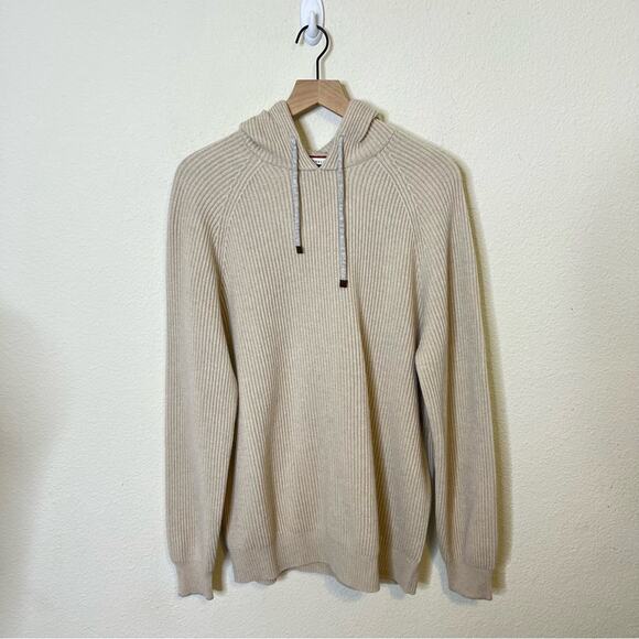 Brunello Cucinelli Ribbed Knitted Drawstring Hoodie Light Beige Mens Size XXXL - Picture 5 of 14